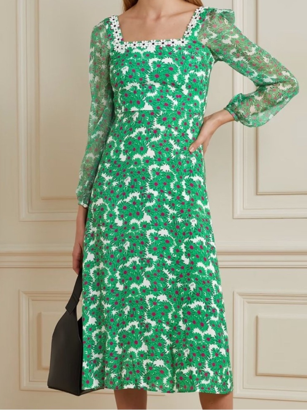 HVN Matilda Appliqued Floral Print Voile Silk Chiffon Midi Dress Green Size 6
